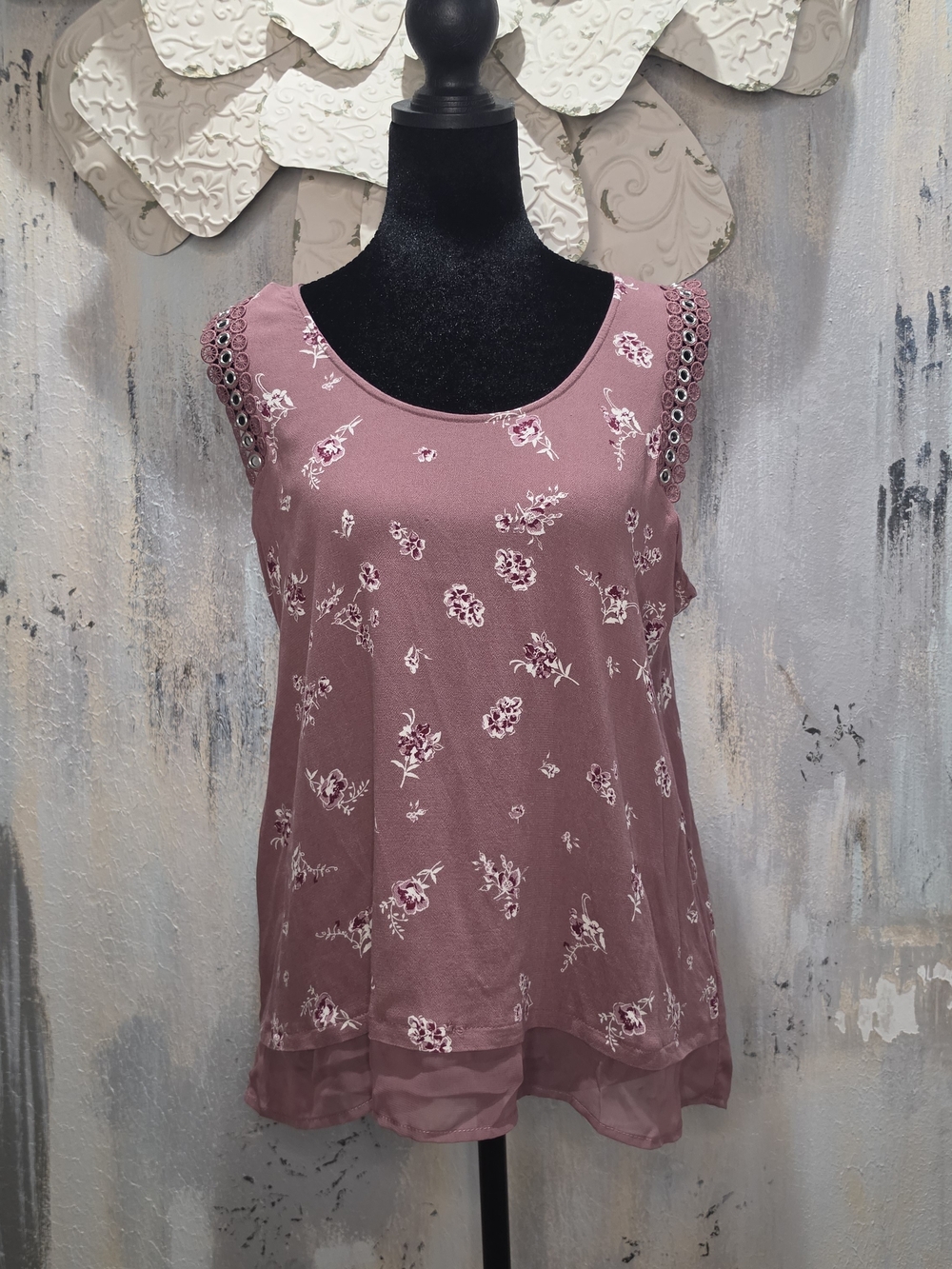 Eyeshadow Dusty Mauve Floral Lace-Trim Tank Top Size Large